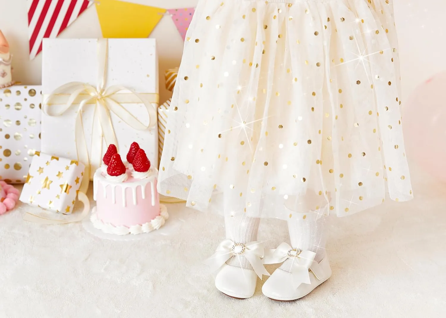 Baby Girls Mary Jane Flats - Infant Newborn Walking Shoes Soft Rubber Sole Princess Wedding