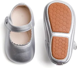 Baby Girls Mary Jane Flats - Infant Newborn Walking Shoes Soft Rubber Sole Princess Wedding