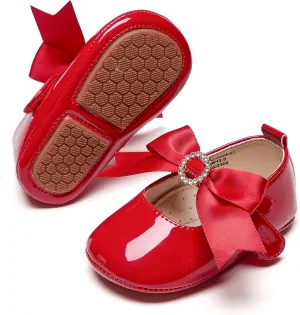 Baby Girls Mary Jane Flats - Infant Newborn Walking Shoes Soft Rubber Sole Princess Wedding