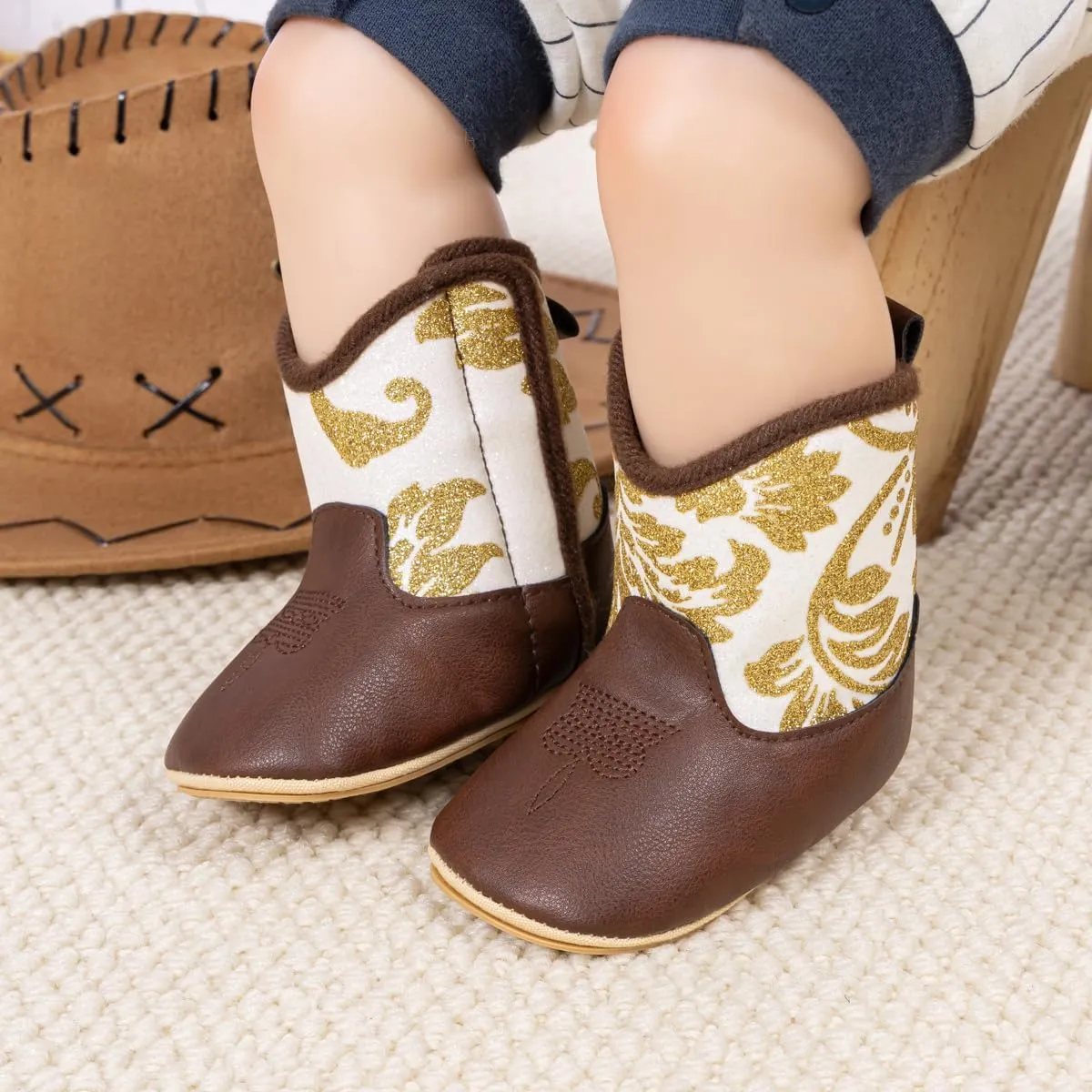 Baby Western Cowboy Boots Infant Boys Girls Non-Slip Soft Sole Booties Toddler Newborn First Walker Crib Shoes