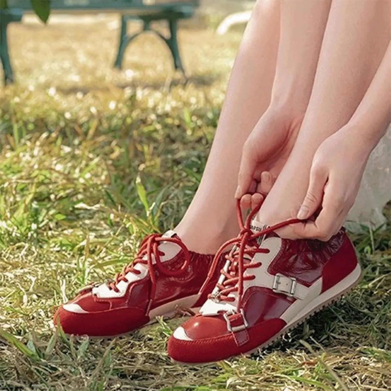 Ballet Sneakers for Woman Leather Trendy Wide Toe Lace Up Ballerina Flats Color Block Fancy Cute with Buckle Design Ballet Shoes 2025 Spring Summer Casual Walking Footwear