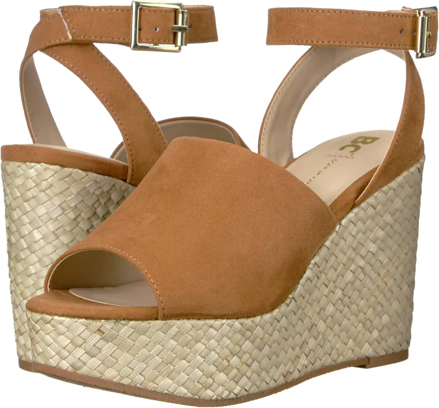 BC Footwear Womens Wild Orchids Vegan Suede Peep-Toe Wedge Sandals
