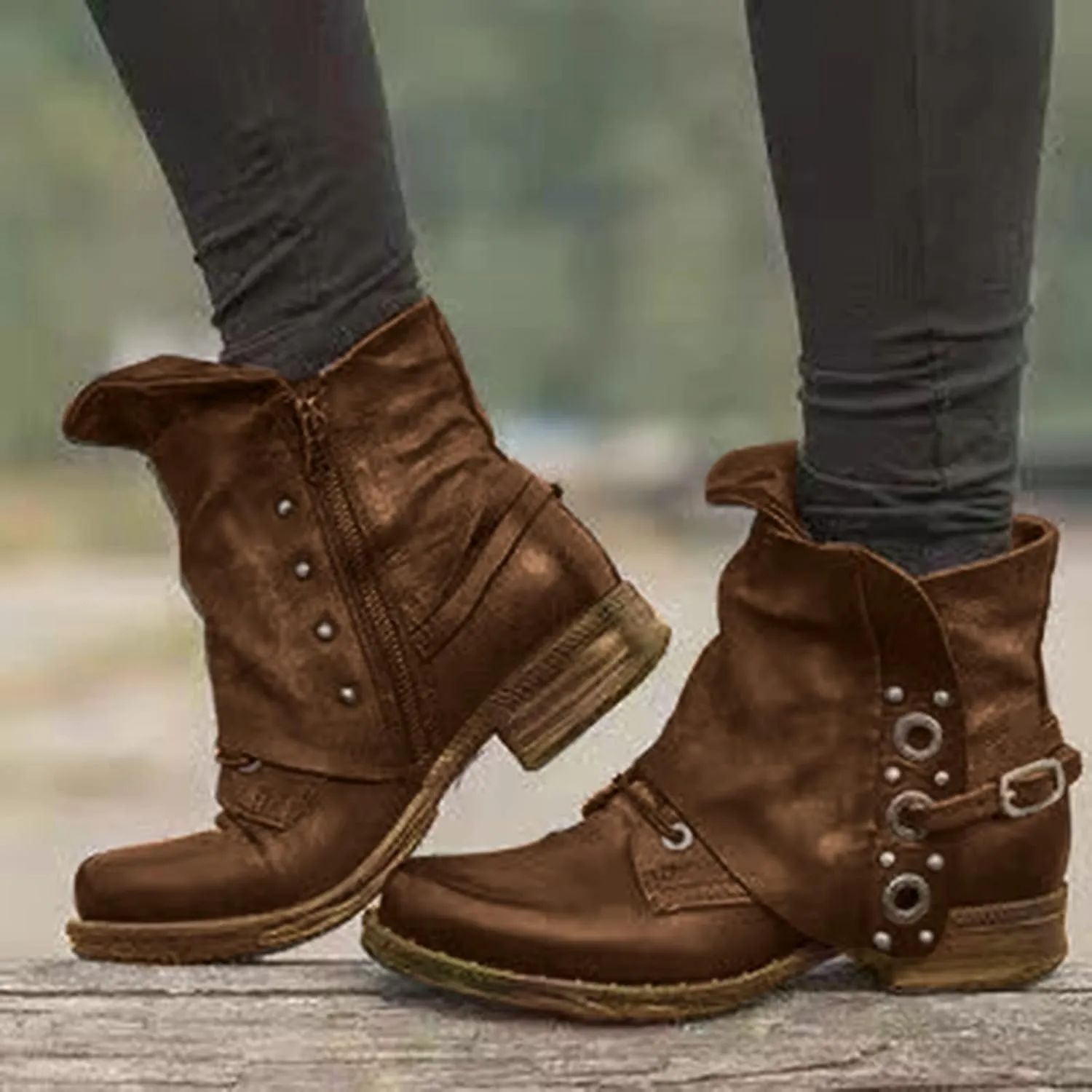 Bcshiye Ankle Boots for Women Low Heel,Fashion Slip-on Dressy Round Toe Combat Boots Comfort Western Chelsea Booties