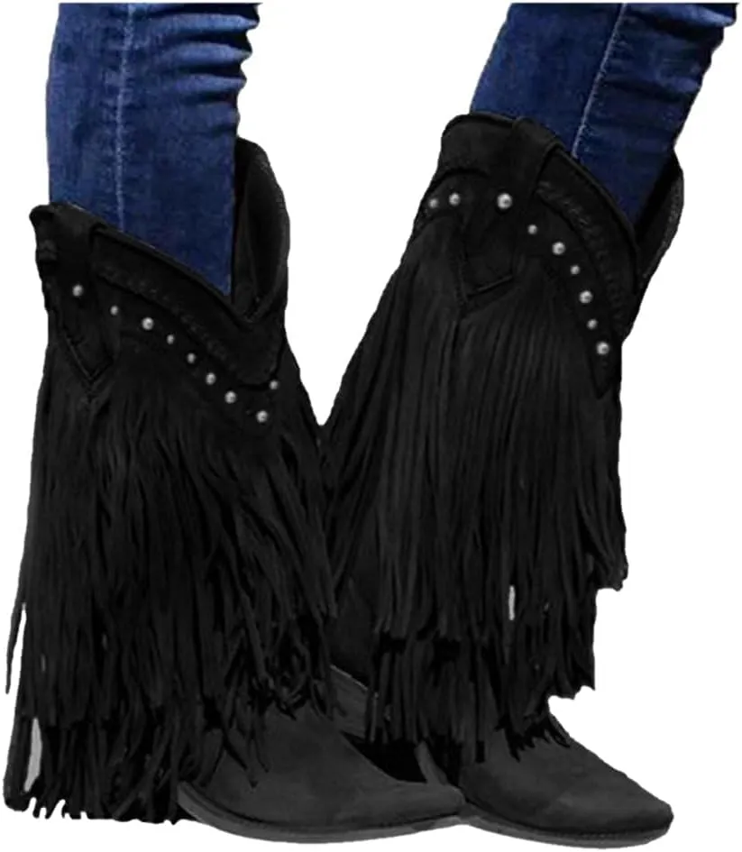 Bcshiye Women's Fringe Western Boot,Chunky Block Heel Tassel Cowboy Boots Vintage Cowgirl Knight Boots Knee High Boots