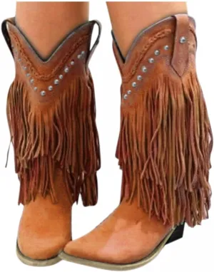 Bcshiye Women's Fringe Western Boot,Chunky Block Heel Tassel Cowboy Boots Vintage Cowgirl Knight Boots Knee High Boots