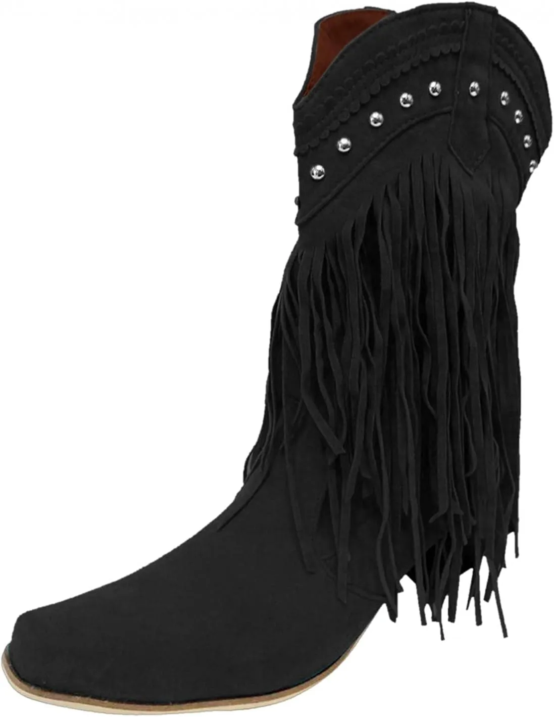 Bcshiye Women's Fringe Western Boot,Chunky Block Heel Tassel Cowboy Boots Vintage Cowgirl Knight Boots Knee High Boots
