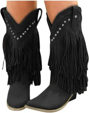 Bcshiye Women's Fringe Western Boot,Chunky Block Heel Tassel Cowboy Boots Vintage Cowgirl Knight Boots Knee High Boots