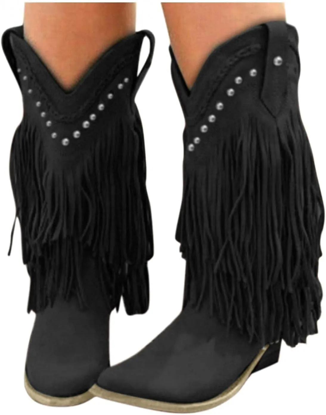 Bcshiye Women's Fringe Western Boot,Chunky Block Heel Tassel Cowboy Boots Vintage Cowgirl Knight Boots Knee High Boots