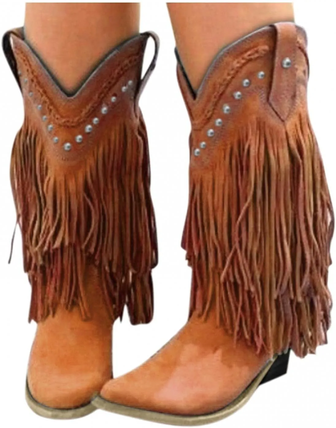 Bcshiye Women's Fringe Western Boot,Chunky Block Heel Tassel Cowboy Boots Vintage Cowgirl Knight Boots Knee High Boots