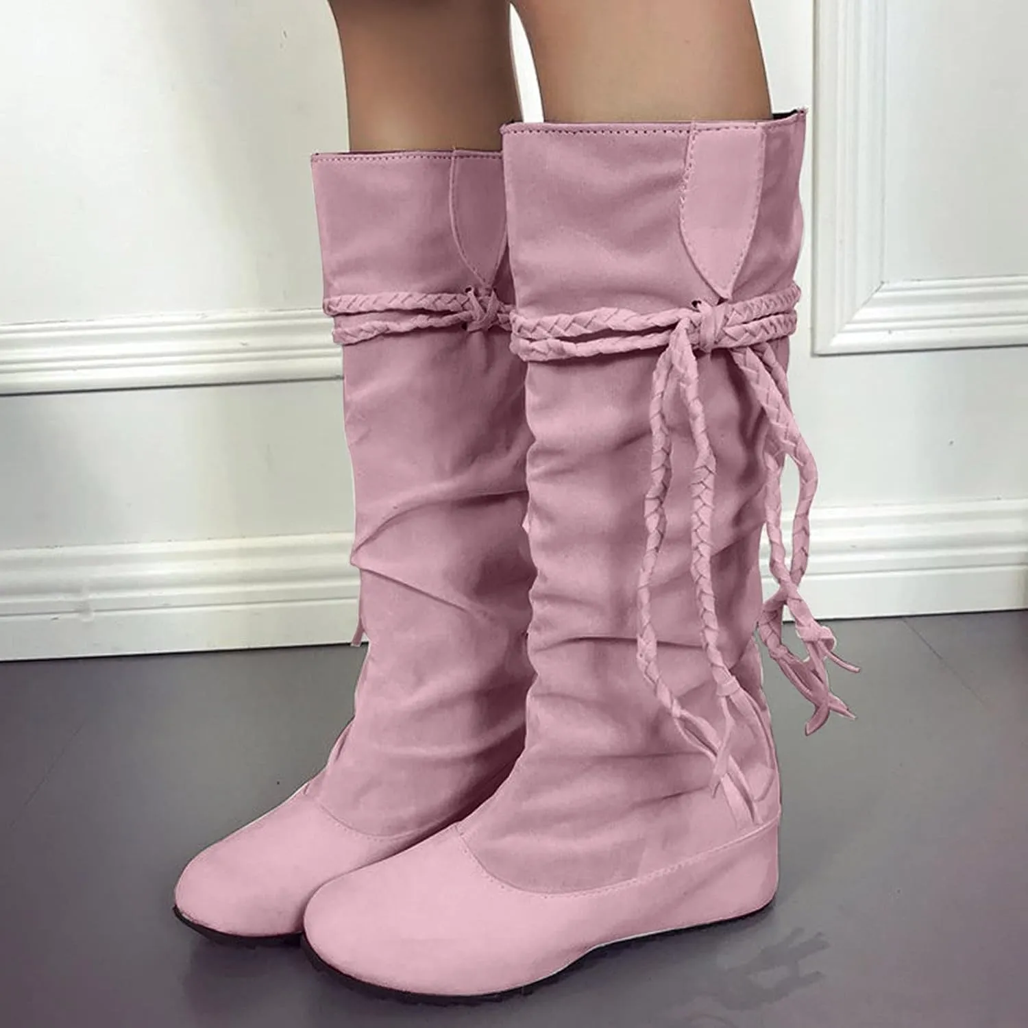 Bcshiye Women's Knee High Boot,Suede Warm Wedge Long Boots Slouchy Knee High Boots Casual Mid Calf Combat Riding Boots