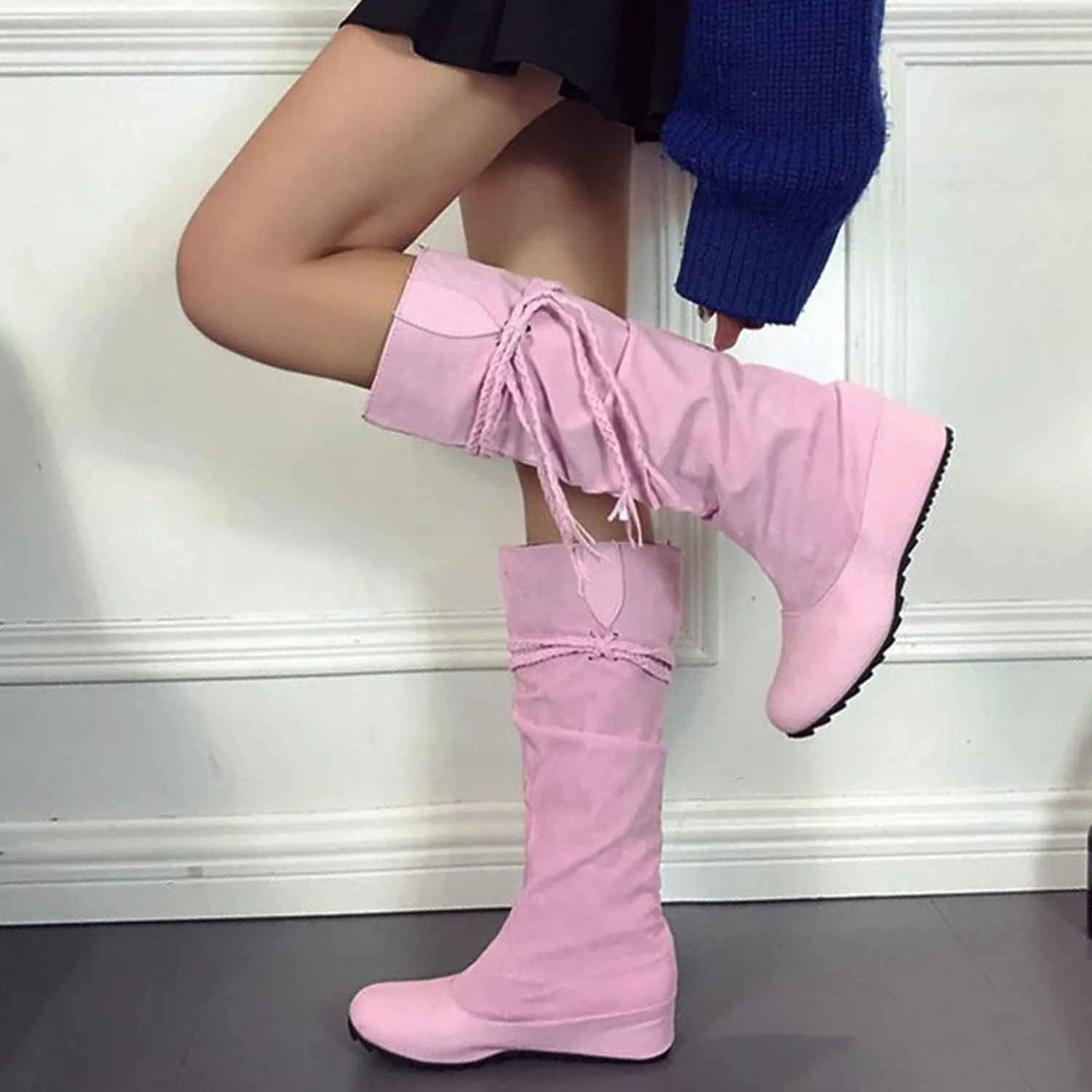 Bcshiye Women's Knee High Boot,Suede Warm Wedge Long Boots Slouchy Knee High Boots Casual Mid Calf Combat Riding Boots