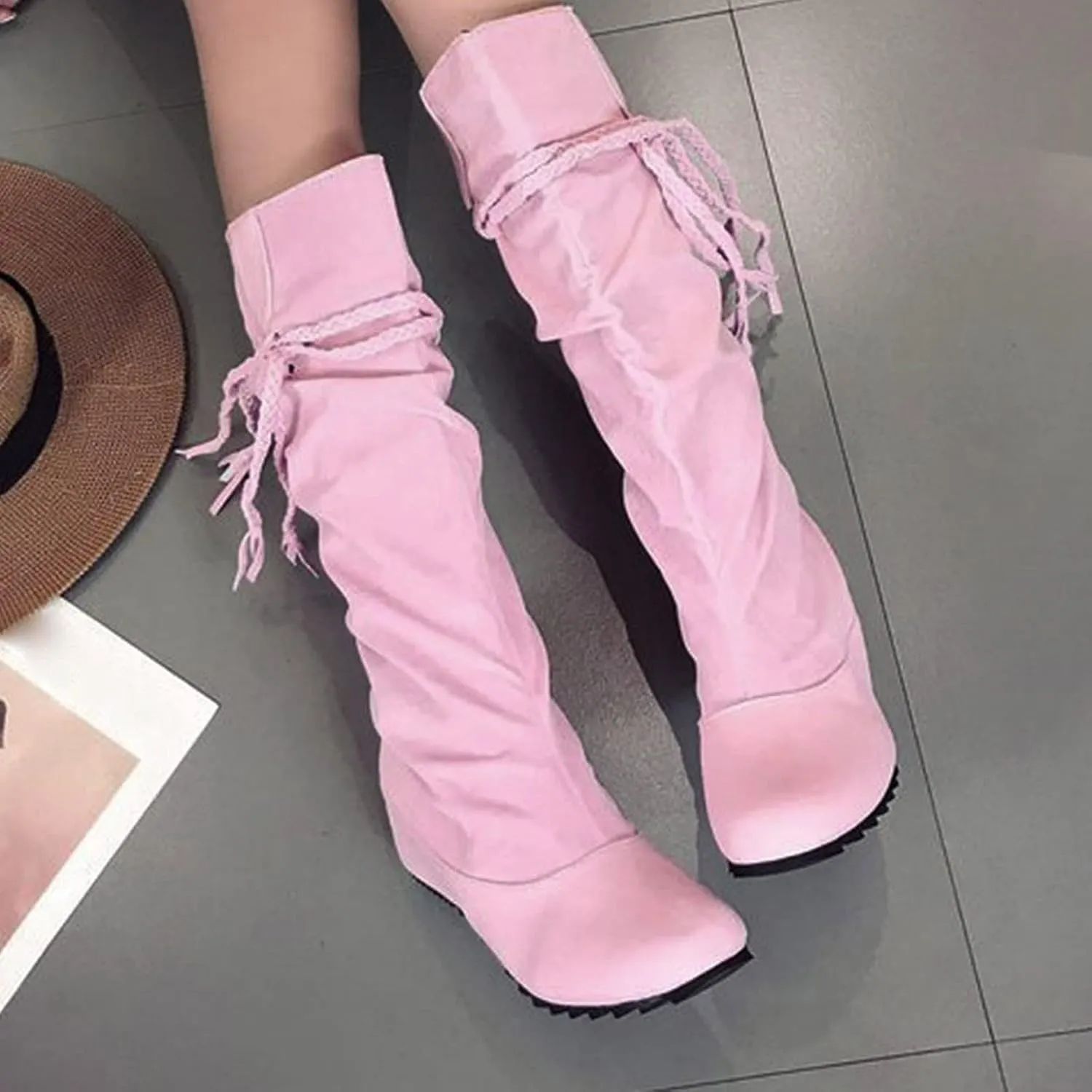 Bcshiye Women's Knee High Boot,Suede Warm Wedge Long Boots Slouchy Knee High Boots Casual Mid Calf Combat Riding Boots