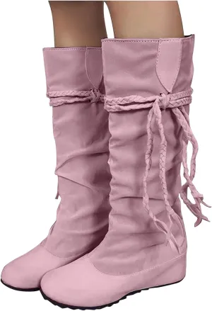Bcshiye Women's Knee High Boot,Suede Warm Wedge Long Boots Slouchy Knee High Boots Casual Mid Calf Combat Riding Boots