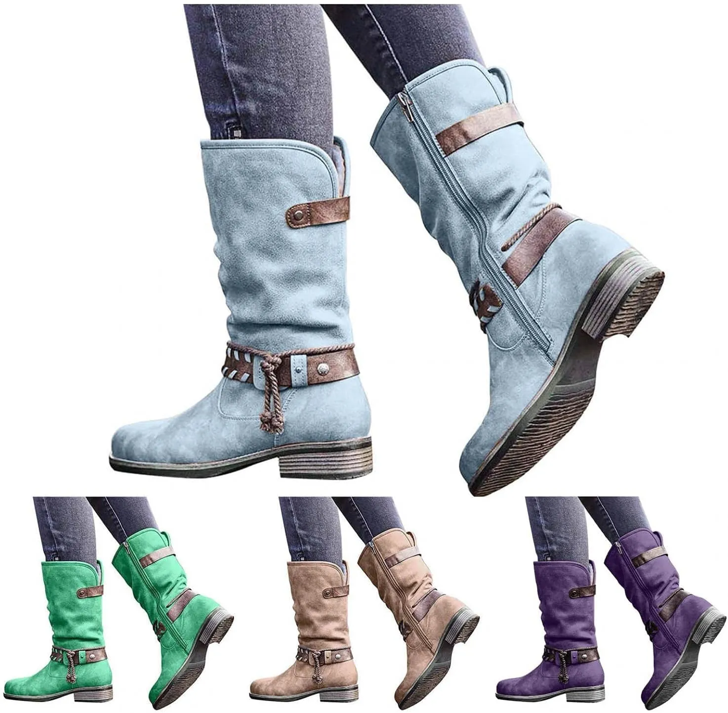 Bcshiye Women's Knee High Cowboy Boots Mid Calf Fashion Winter Classic Western Ankle Boots Low Heel Combat Riding Boots