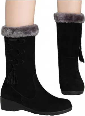 Bcshiye Women's Mid Calf Fashion Winter Snow Boots Outdoor Suede Slouch Combat Riding Boots with Fur Lined Collar