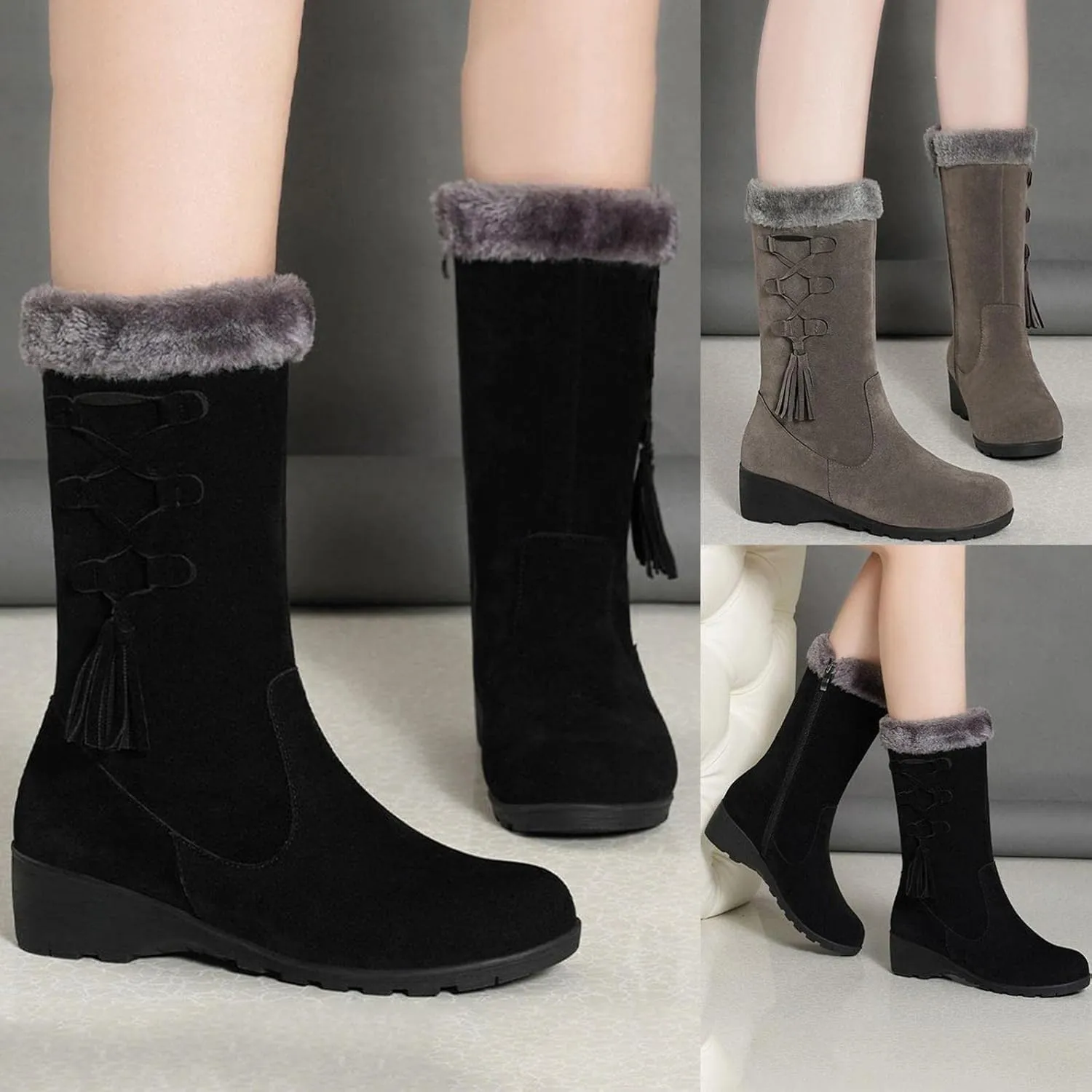 Bcshiye Women's Mid Calf Fashion Winter Snow Boots Outdoor Suede Slouch Combat Riding Boots with Fur Lined Collar