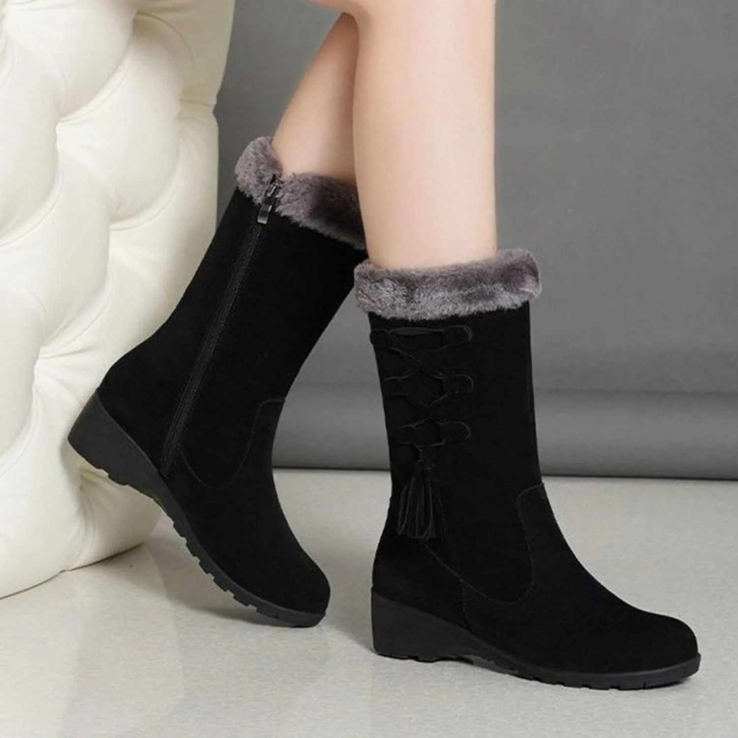 Bcshiye Women's Mid Calf Fashion Winter Snow Boots Outdoor Suede Slouch Combat Riding Boots with Fur Lined Collar
