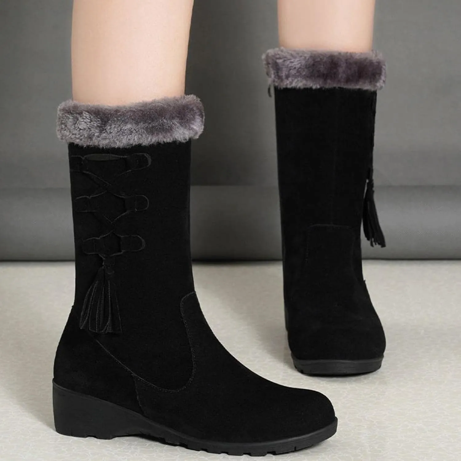 Bcshiye Women's Mid Calf Fashion Winter Snow Boots Outdoor Suede Slouch Combat Riding Boots with Fur Lined Collar