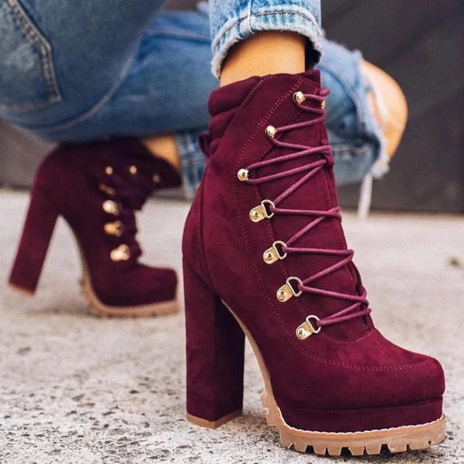 Bcshiye Women's Platform Ankle Boots Round Toe Lace Up Combat Boots Chunky High Heel Platform Knight Boots Winter Shoes