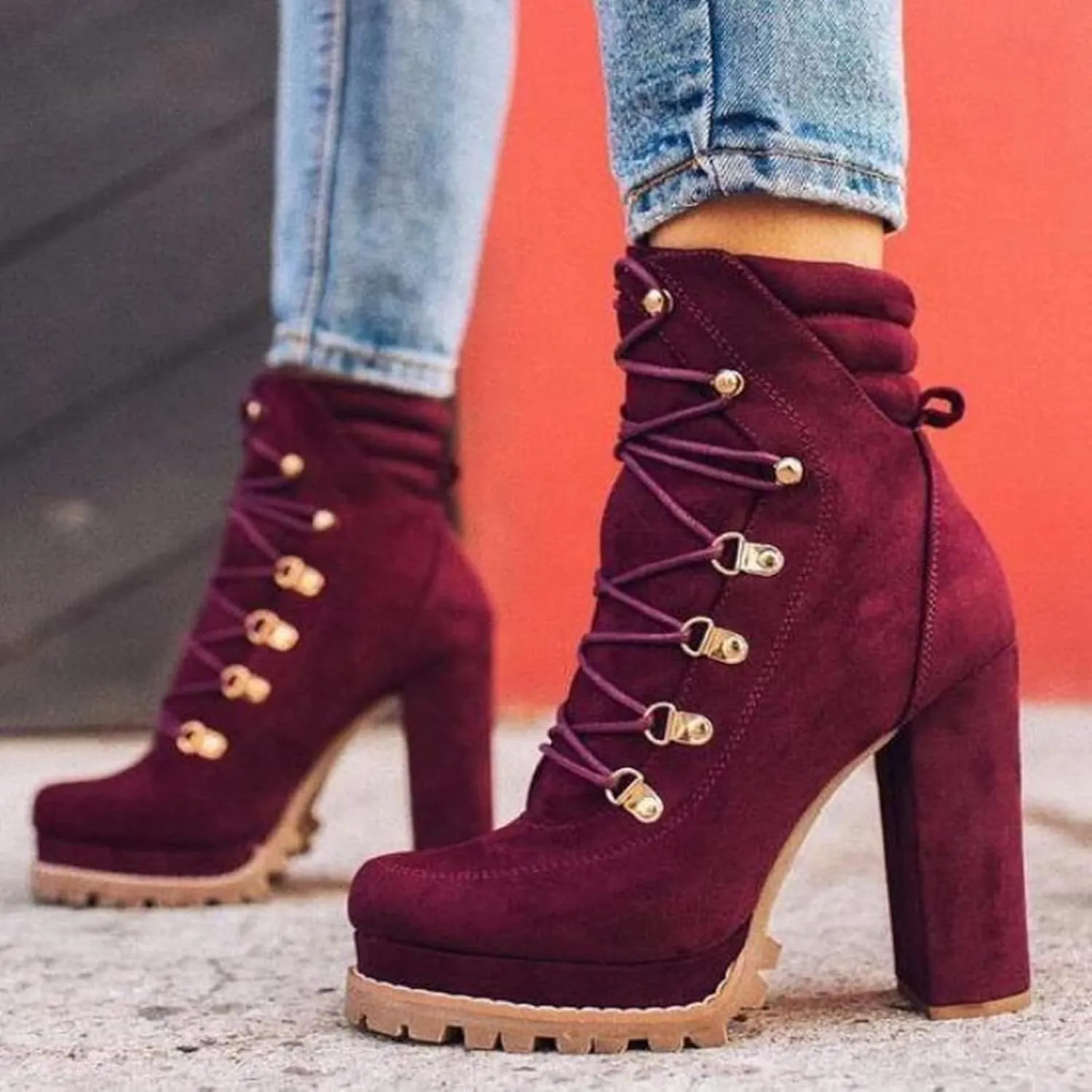 Bcshiye Women's Platform Ankle Boots Round Toe Lace Up Combat Boots Chunky High Heel Platform Knight Boots Winter Shoes