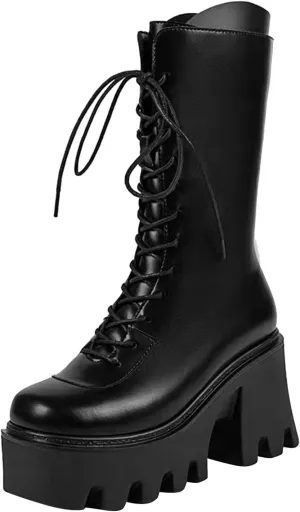 Bcshiye Womens Platform Mid Calf Wedges Booties Winter Chunky Platform High Heel Square Toe Lace up Punk Combat Boots