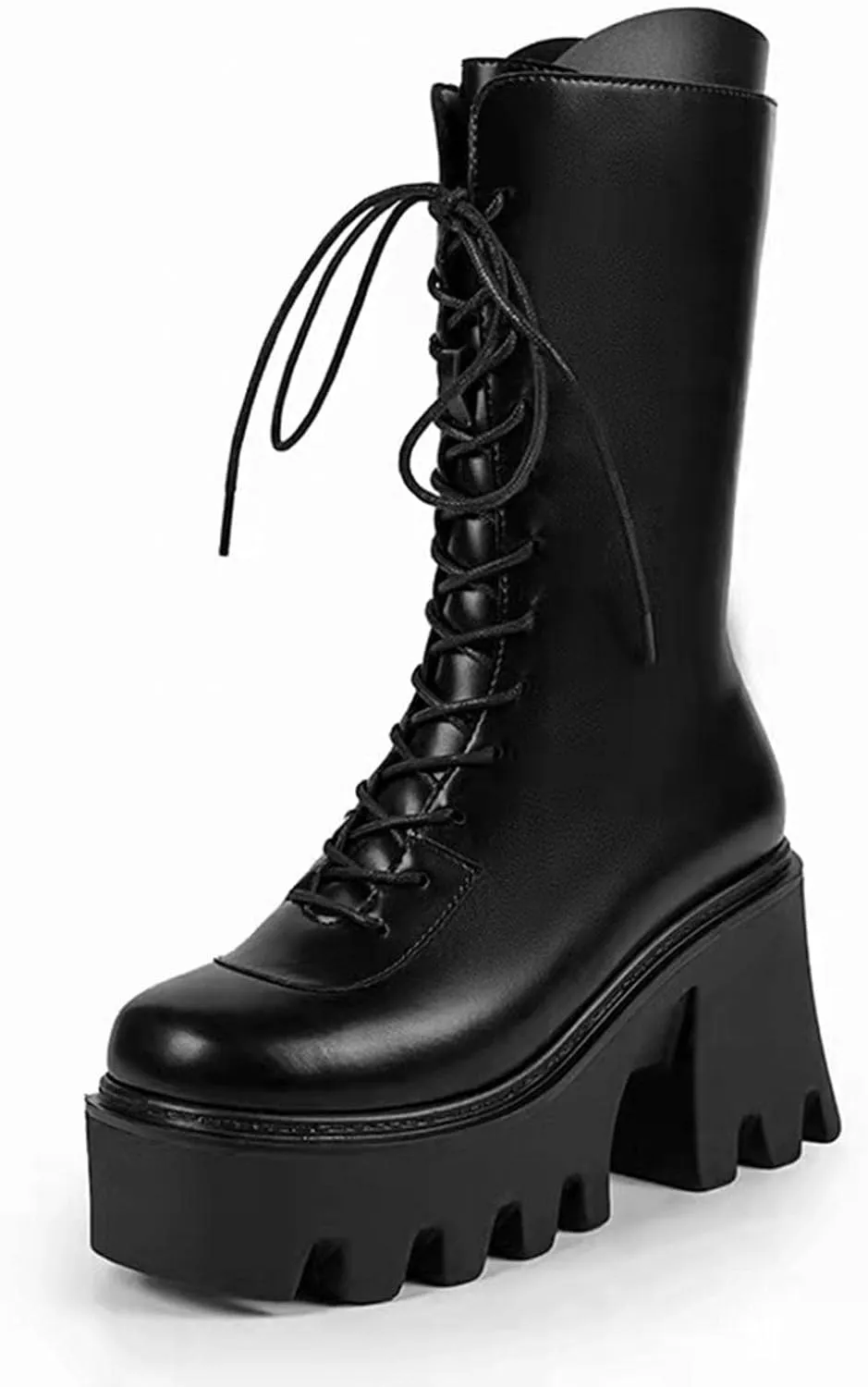 Bcshiye Womens Platform Mid Calf Wedges Booties Winter Chunky Platform High Heel Square Toe Lace up Punk Combat Boots