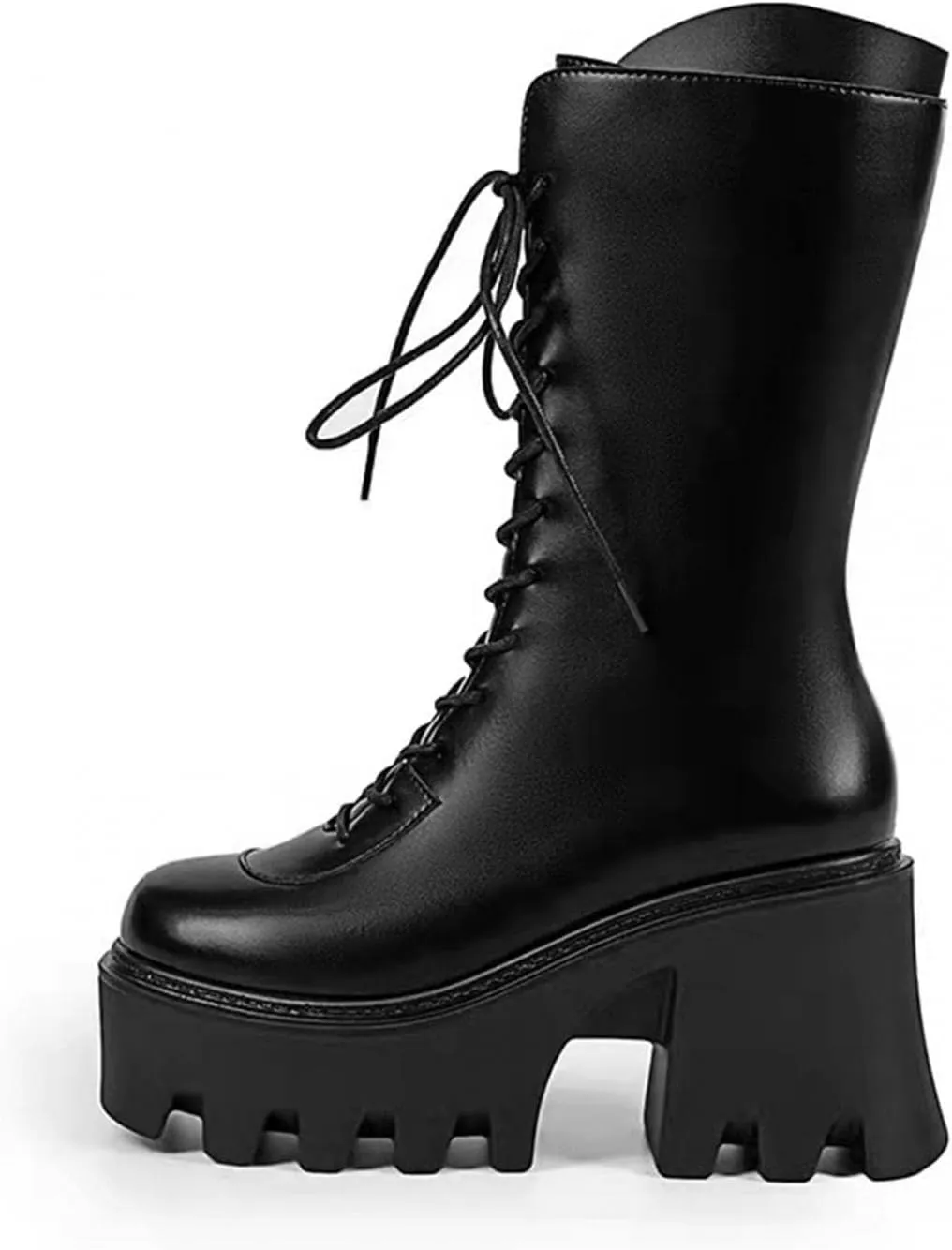 Bcshiye Womens Platform Mid Calf Wedges Booties Winter Chunky Platform High Heel Square Toe Lace up Punk Combat Boots