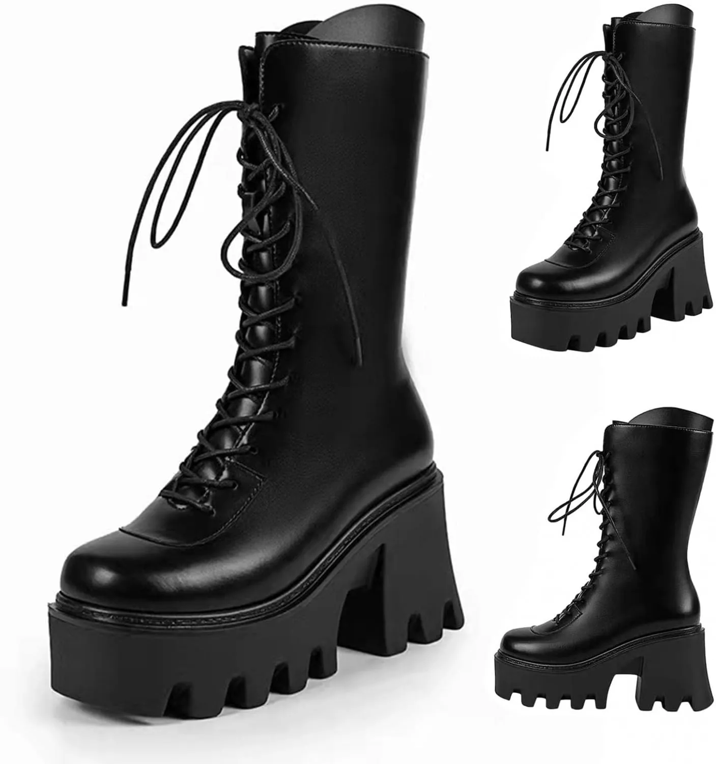 Bcshiye Womens Platform Mid Calf Wedges Booties Winter Chunky Platform High Heel Square Toe Lace up Punk Combat Boots