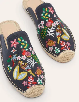 Bestickte Pantoletten-Espadrilles-Französisches Navy, Exotisches Paradies