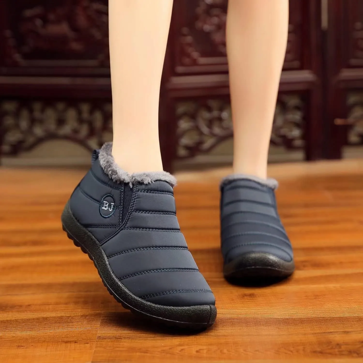 Boojoy Winter Boots, Winter Warm Anti-slip Ankle Booties, Waterproof Slip on Outdoor Fur Lined Snow Shoes for Womens