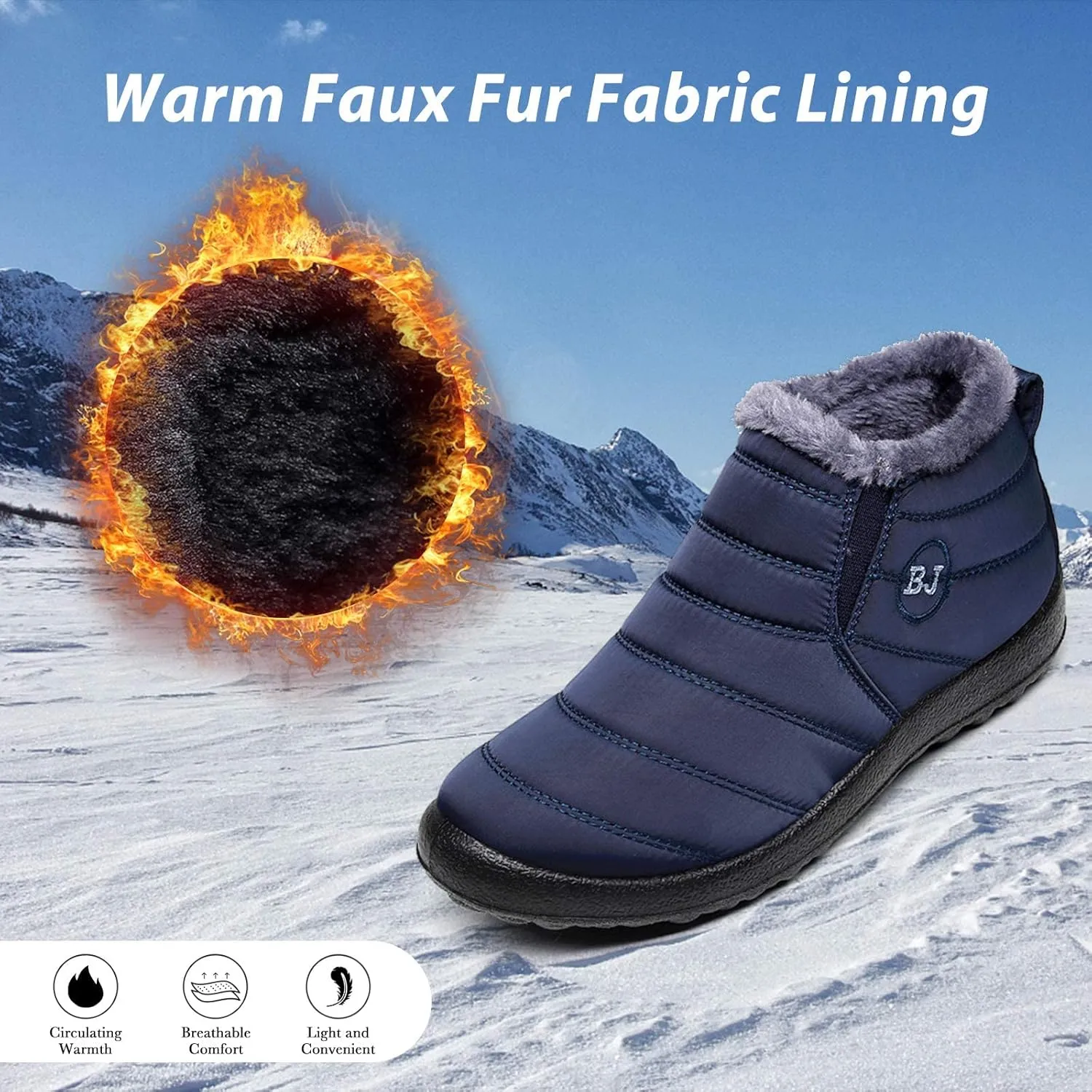 Boojoy Winter Boots, Winter Warm Anti-slip Ankle Booties, Waterproof Slip on Outdoor Fur Lined Snow Shoes for Womens