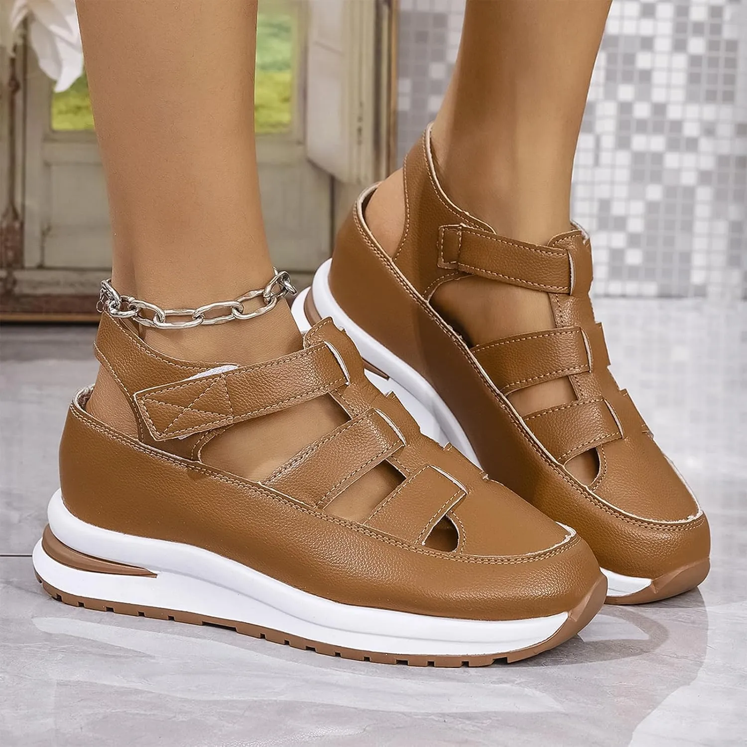 Bootara Shoes Women, Bootara Women's Plus Size Hollow-Out Casual Sandals, Closed Toe Platform Height-Boosting Sandals