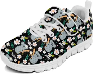 Boys Girls Sneakers Kids Breathable Lightweight Strap Tennis Athletic Running Shoes Koala Floral Pattern（White Sole）