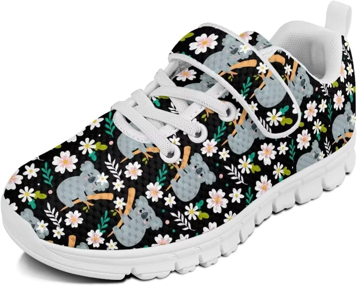 Boys Girls Sneakers Kids Breathable Lightweight Strap Tennis Athletic Running Shoes Koala Floral Pattern（White Sole）