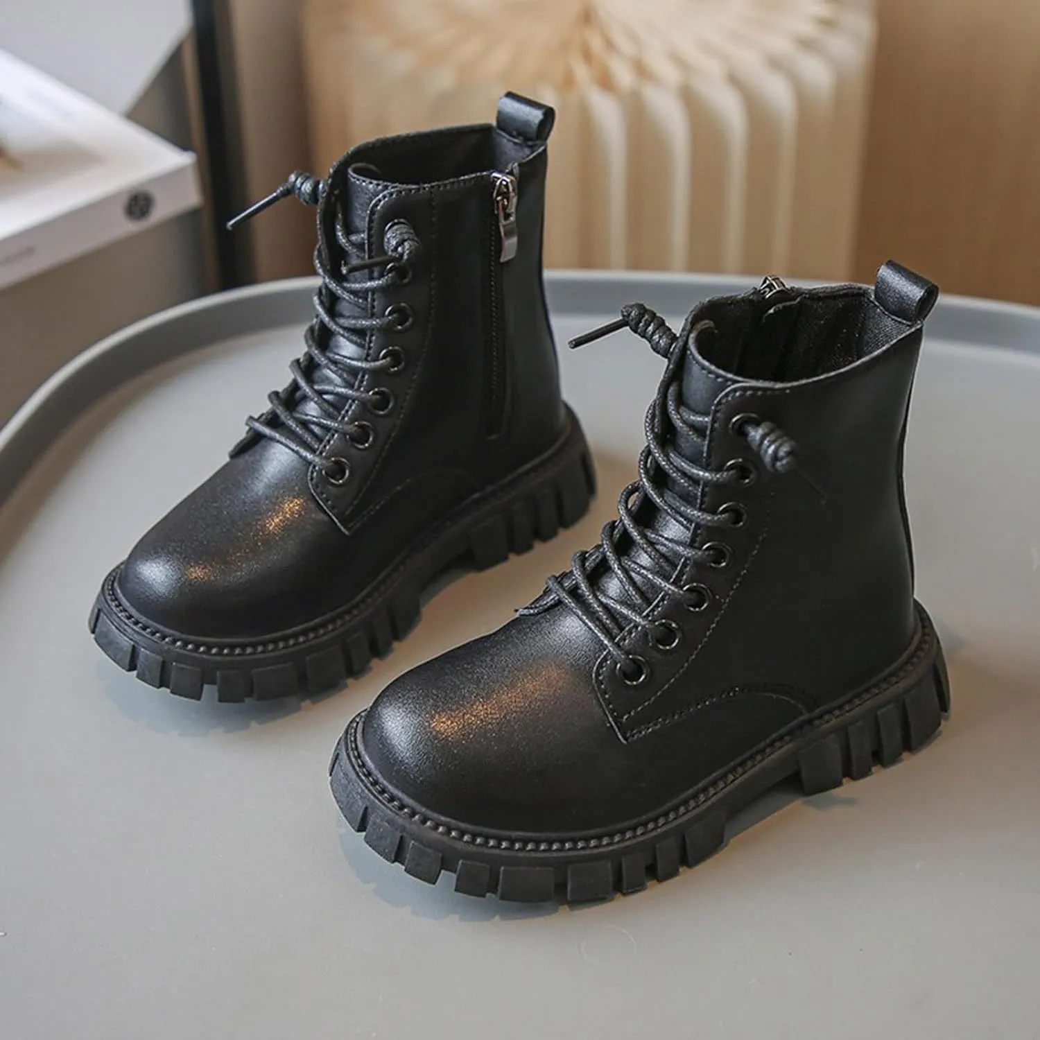 Boys Girls Waterproof Combat Boots Lace Up Side Zipper Ankle Booties Lug Sole Chelsea Boots Casual Walking Shoes