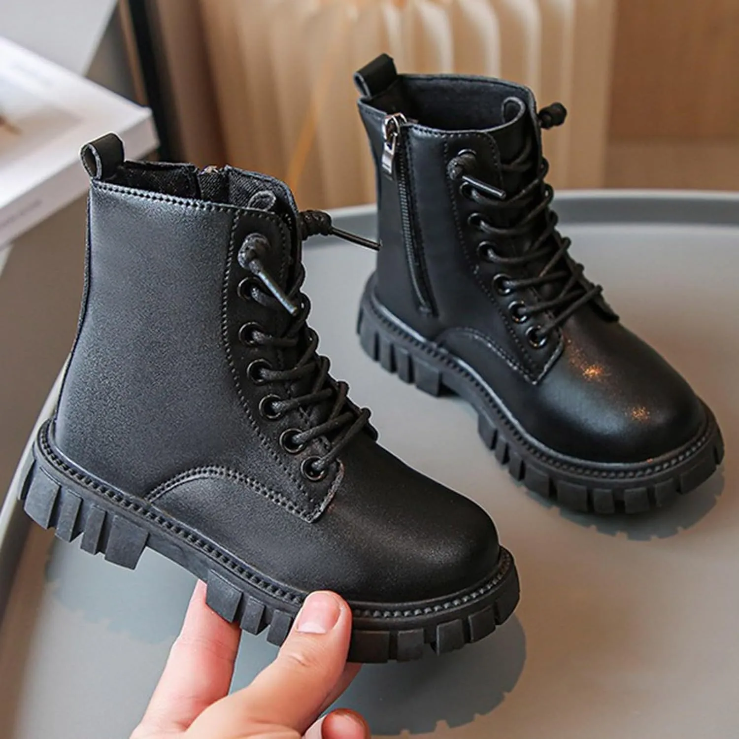 Boys Girls Waterproof Combat Boots Lace Up Side Zipper Ankle Booties Lug Sole Chelsea Boots Casual Walking Shoes