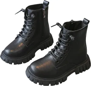 Boys Girls Waterproof Combat Boots Lace Up Side Zipper Ankle Booties Lug Sole Chelsea Boots Casual Walking Shoes