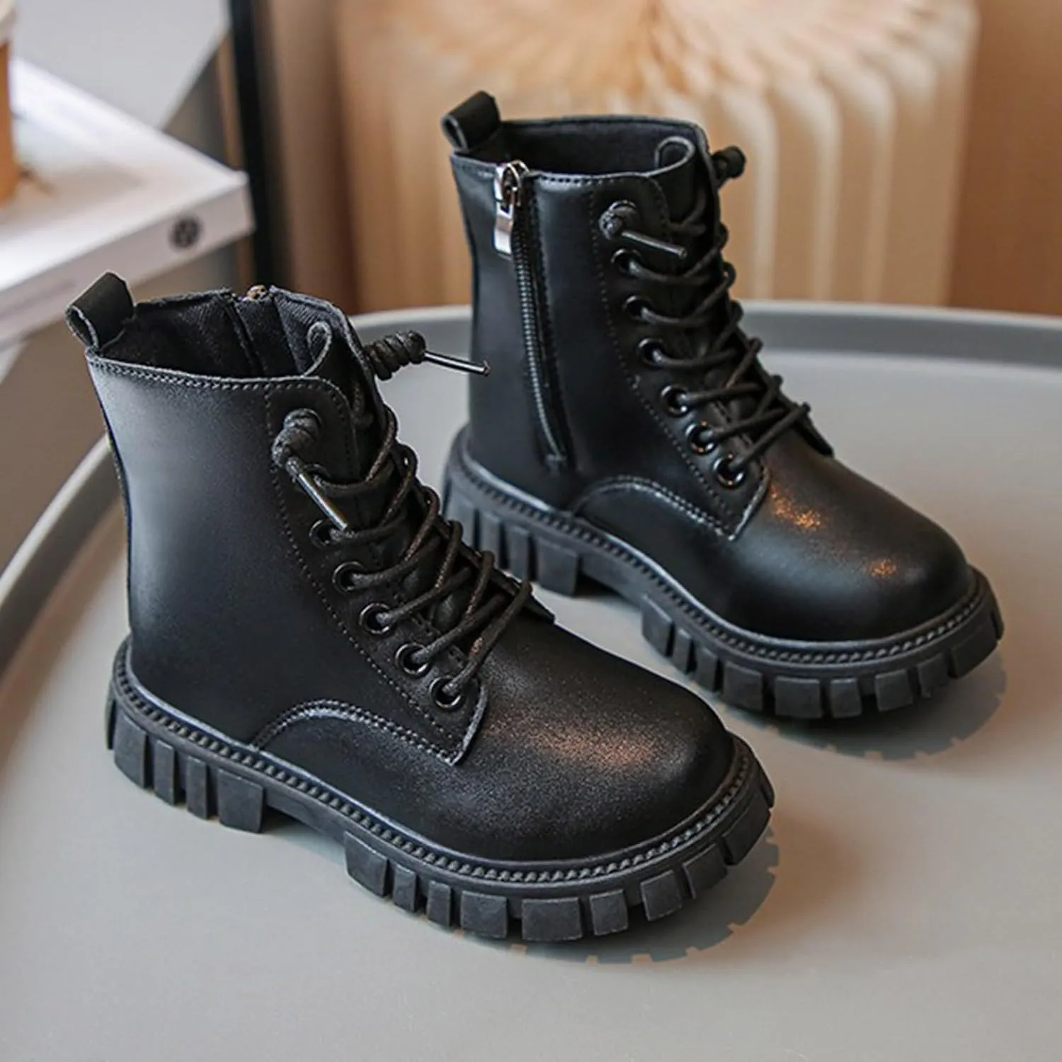Boys Girls Waterproof Combat Boots Lace Up Side Zipper Ankle Booties Lug Sole Chelsea Boots Casual Walking Shoes
