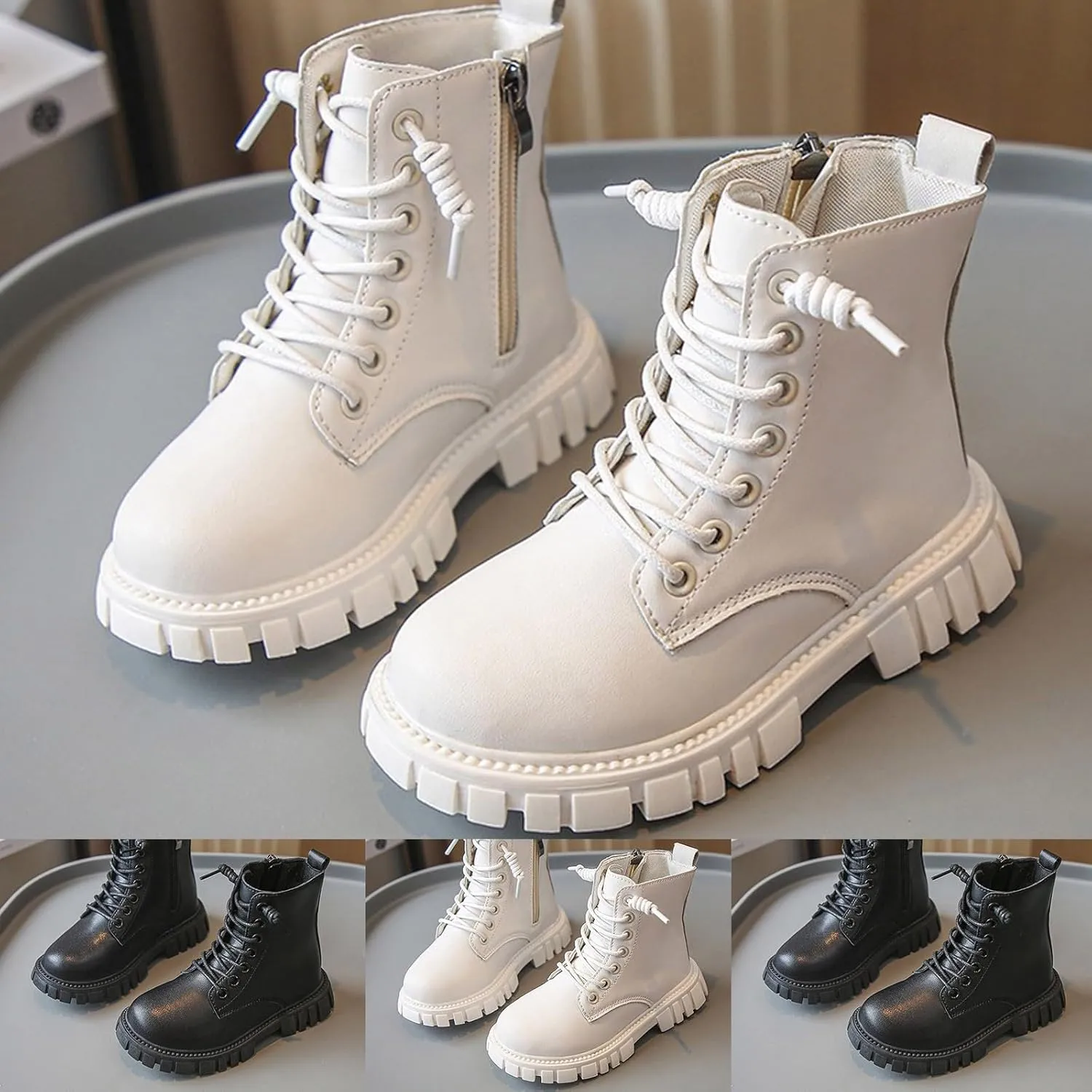 Boys Girls Waterproof Combat Boots Lace Up Side Zipper Ankle Booties Lug Sole Chelsea Boots Casual Walking Shoes