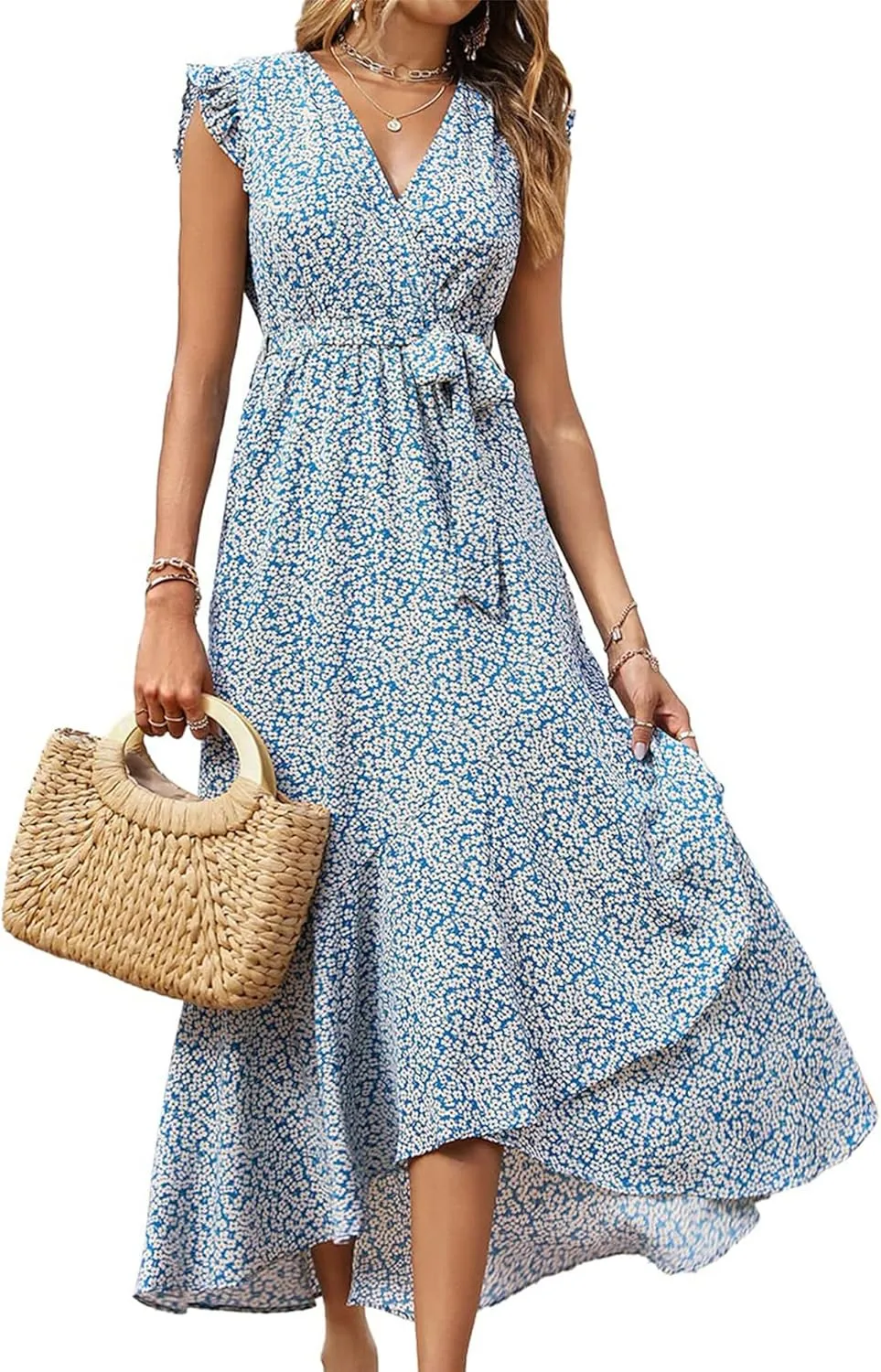 BTFBM Summer Floral Maxi Dress for Women 2025 Vacation Ruffle Sleeve V Neck Belt Wrap Spring Beach Wedding Guest Dresses
