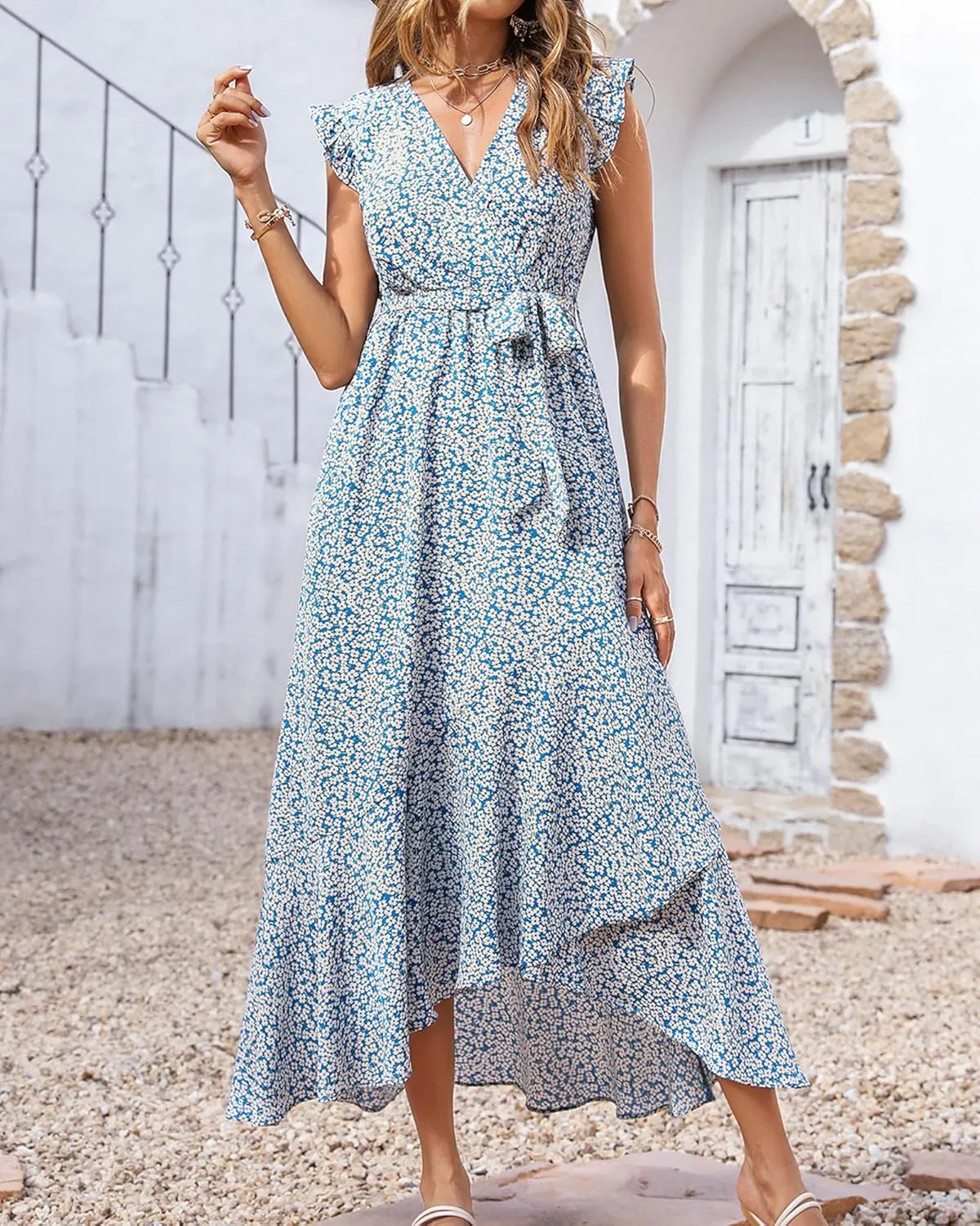 BTFBM Summer Floral Maxi Dress for Women 2025 Vacation Ruffle Sleeve V Neck Belt Wrap Spring Beach Wedding Guest Dresses