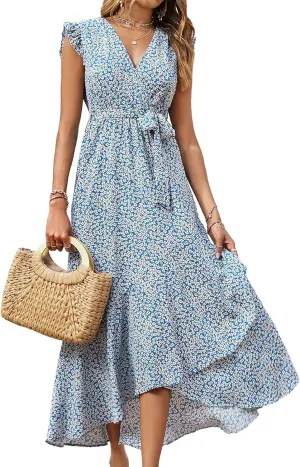 BTFBM Summer Floral Maxi Dress for Women 2025 Vacation Ruffle Sleeve V Neck Belt Wrap Spring Beach Wedding Guest Dresses