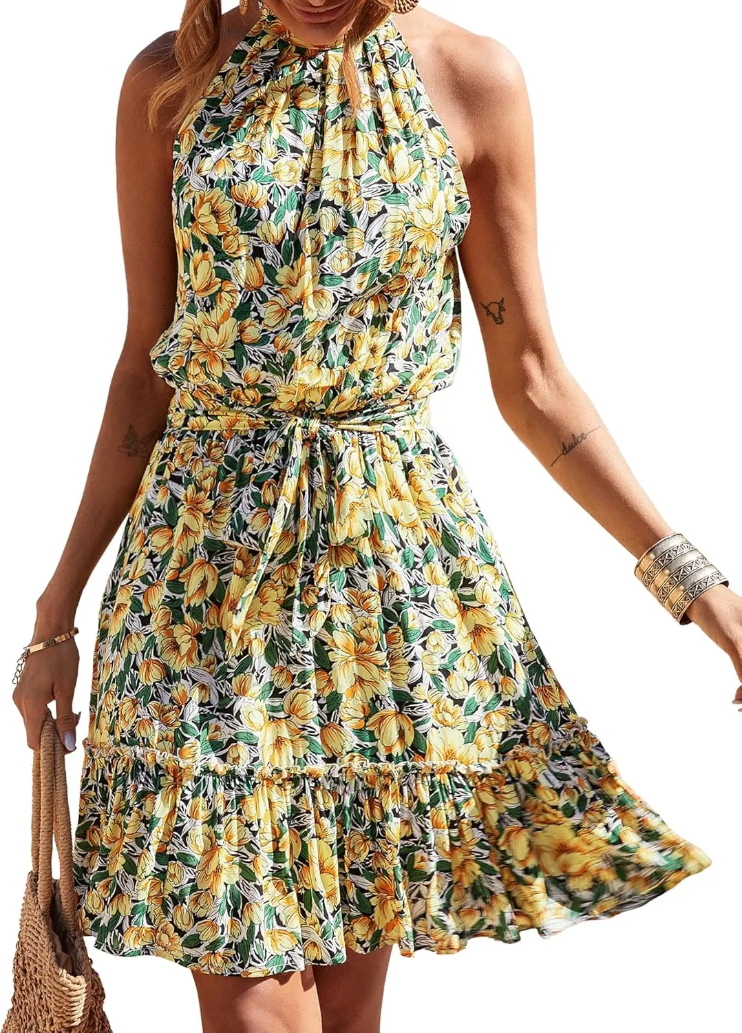 BTFBM Women Halter Neck Summer Dresses 2025 Spring Casual Sleeveless Floral Polka Dot Ruffle Mini Boho Beach Sun Dress