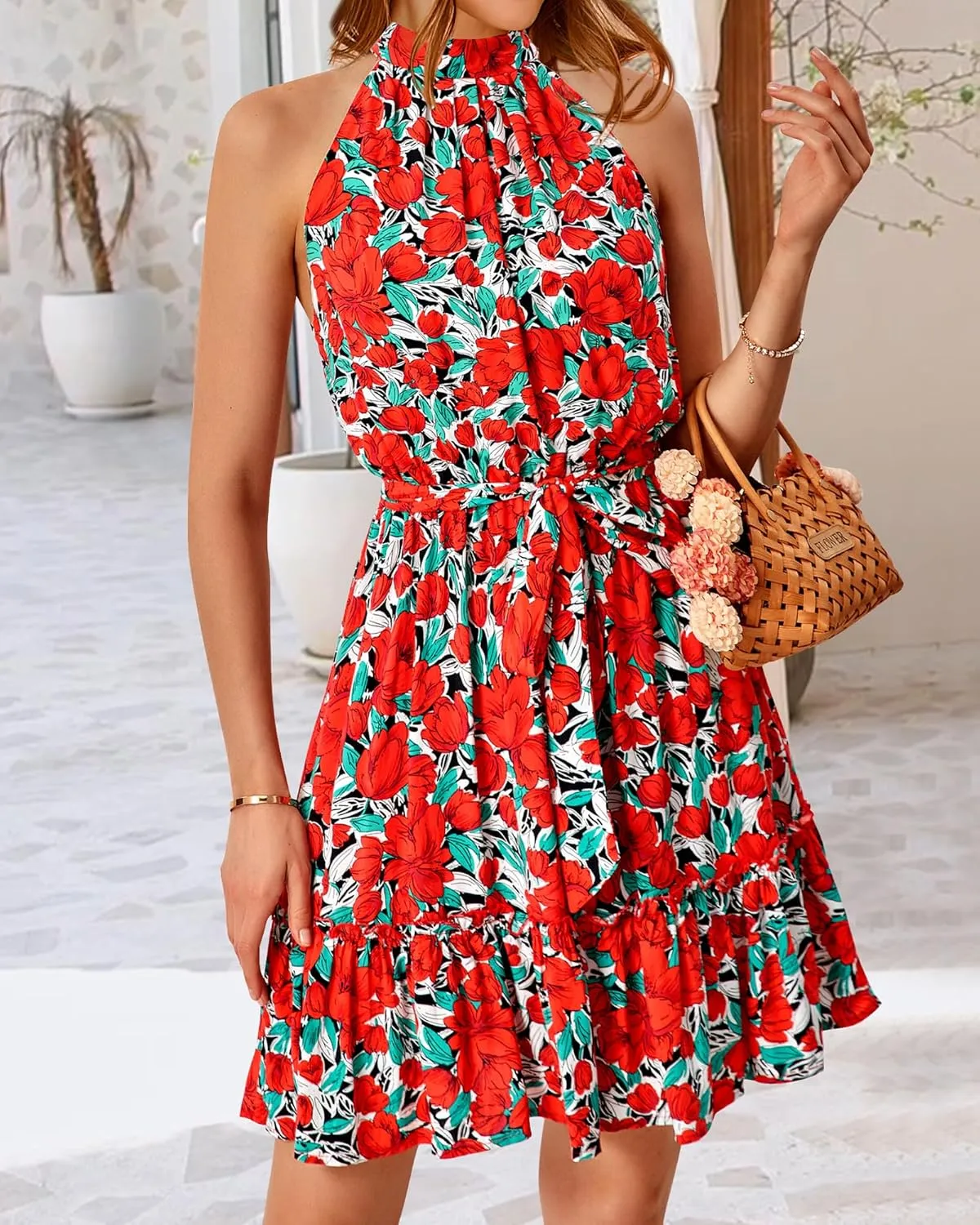 BTFBM Women Halter Neck Summer Dresses 2025 Spring Casual Sleeveless Floral Polka Dot Ruffle Mini Boho Beach Sun Dress