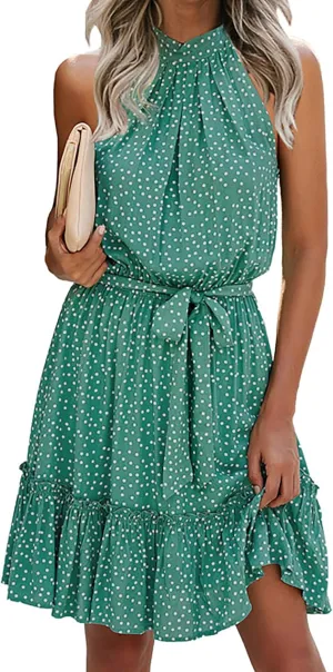 BTFBM Women Halter Neck Summer Dresses 2025 Spring Casual Sleeveless Floral Polka Dot Ruffle Mini Boho Beach Sun Dress
