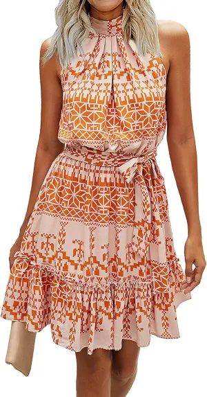 BTFBM Women Halter Neck Summer Dresses 2025 Spring Casual Sleeveless Floral Polka Dot Ruffle Mini Boho Beach Sun Dress