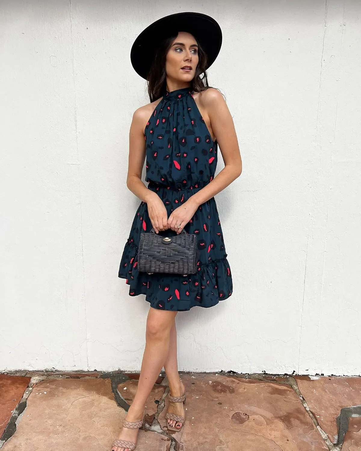 BTFBM Women Halter Neck Summer Dresses 2025 Spring Casual Sleeveless Floral Polka Dot Ruffle Mini Boho Beach Sun Dress