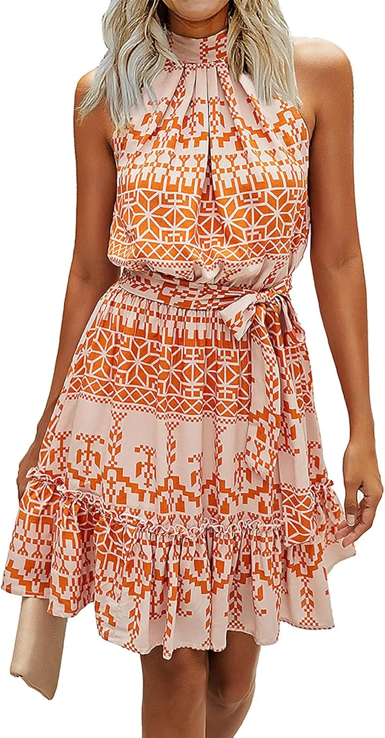 BTFBM Women Halter Neck Summer Dresses 2025 Spring Casual Sleeveless Floral Polka Dot Ruffle Mini Boho Beach Sun Dress