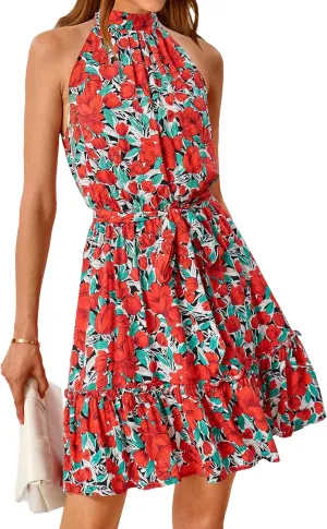BTFBM Women Halter Neck Summer Dresses 2025 Spring Casual Sleeveless Floral Polka Dot Ruffle Mini Boho Beach Sun Dress