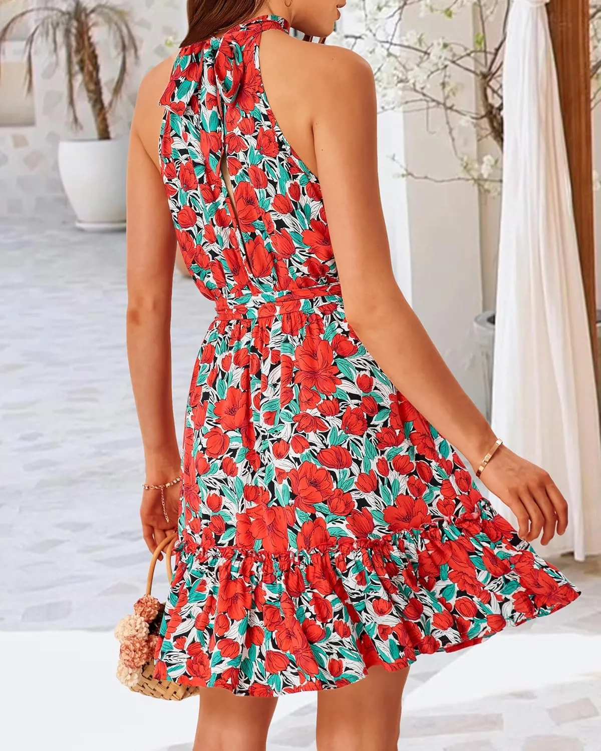BTFBM Women Halter Neck Summer Dresses 2025 Spring Casual Sleeveless Floral Polka Dot Ruffle Mini Boho Beach Sun Dress